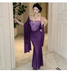 晚裝禮服裙吊帶抹胸網紗披肩長裙