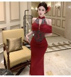 晚裝禮服裙圓領露肩網紗植絨拼接長裙