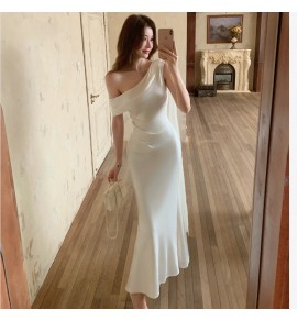 少女禮服裙斜肩飘带缎面長裙