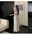 少女禮服裙斜肩飘带缎面長裙