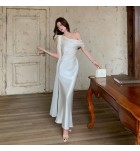 少女禮服裙斜肩飘带缎面長裙