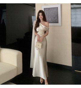少女禮服裙斜肩飘带缎面長裙