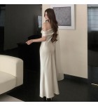 少女禮服裙斜肩飄帶捏褶長裙