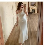 少女禮服裙斜肩飄帶捏褶長裙