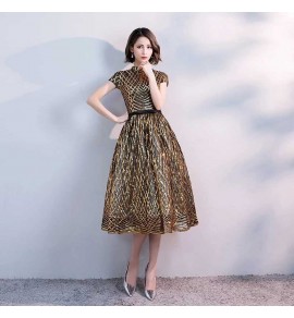 少女禮服裙金色立領短袖短裙