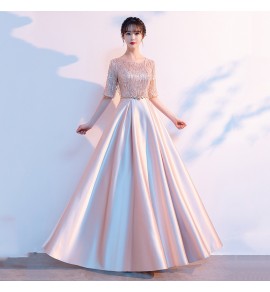 晚裝禮服裙圓領中袖長裙