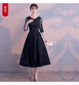 晚裝禮服裙圓領七分袖中長裙