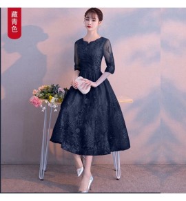 晚裝禮服裙圓領七分袖中長裙