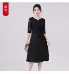 禮服連身裙蕾絲圓領中袖中長裙