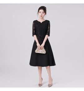 禮服連身裙蕾絲圓領中袖中長裙