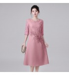 禮服連身裙蕾絲圓領中袖中長裙