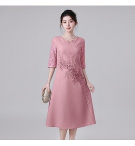 禮服連身裙蕾絲圓領中袖中長裙