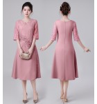 禮服連身裙蕾絲圓領中袖中長裙