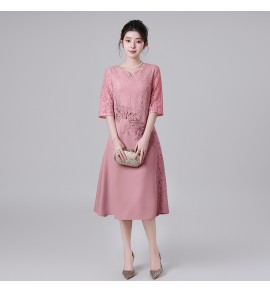 禮服連身裙蕾絲圓領中袖中長裙