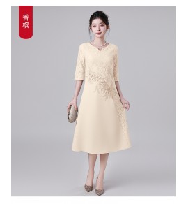 禮服連身裙蕾絲圓領中袖中長裙