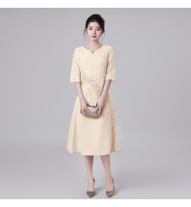 禮服連身裙蕾絲圓領中袖中長裙