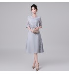 禮服連身裙蕾絲圓領中袖中長裙