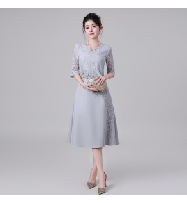 禮服連身裙蕾絲圓領中袖中長裙