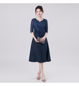 禮服連身裙蕾絲圓領中袖中長裙