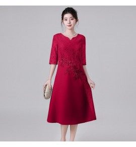禮服連身裙蕾絲圓領中袖中長裙