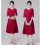 禮服連身裙蕾絲圓領中袖中長裙