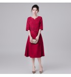 禮服連身裙蕾絲圓領中袖中長裙