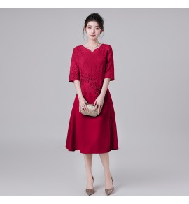 禮服連身裙蕾絲圓領中袖中長裙