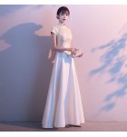 晚裝禮服裙立領短袖刺繡長裙