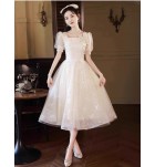 少女禮服裙方領蝴蝶結泡泡袖中長裙