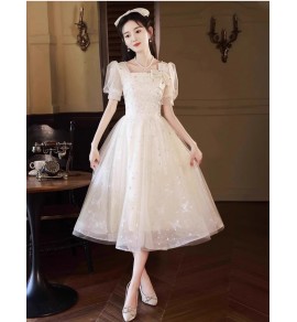 少女禮服裙方領蝴蝶結泡泡袖中長裙