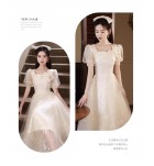 少女禮服裙方領蝴蝶結泡泡袖中長裙