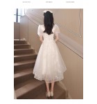 少女禮服裙方領蝴蝶結泡泡袖中長裙