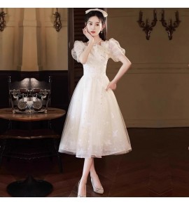 少女禮服裙方領蝴蝶結泡泡袖中長裙