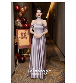 少女禮服裙灰紫色緞面宴會長裙