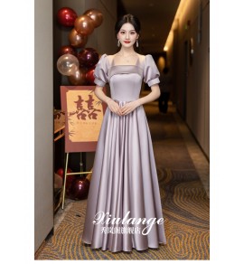 少女禮服裙灰紫色緞面宴會長裙