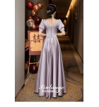 少女禮服裙灰紫色緞面宴會長裙