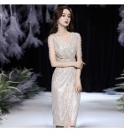 少女禮服裙V領串珠留蘇中長裙