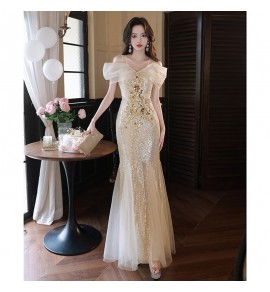 少女禮服裙吊帶一字肩亮片長裙