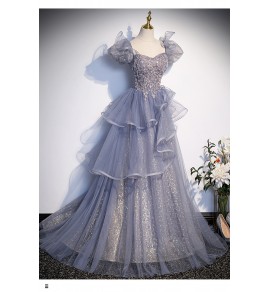 少女禮服裙V領泡泡袖蛋糕裙