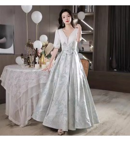 少女禮服裙V領短袖立體花朵長裙
