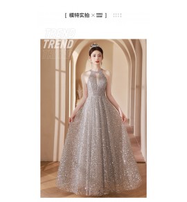 少女禮服裙掛脖露肩珠繡亮片長裙
