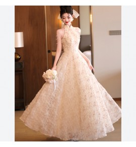 少女禮服裙掛脖露肩流蘇長裙