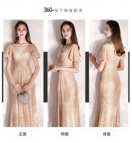 少女禮服裙V領亮片泡泡袖長裙