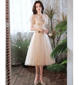少女禮服裙V領泡泡袖蝴蝶結中長裙