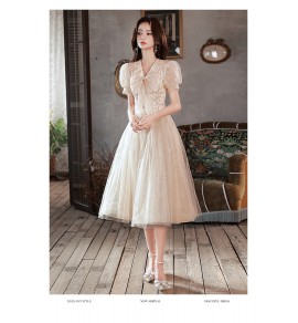 少女禮服裙V領泡泡袖蝴蝶結中長裙