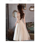 少女禮服裙V領泡泡袖蝴蝶結中長裙