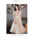 少女禮服裙V領泡泡袖蝴蝶結中長裙