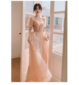 少女禮服裙方領泡泡袖長裙