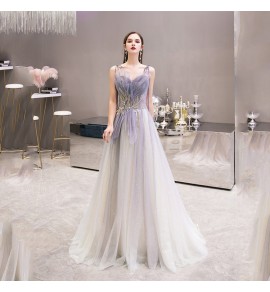 少女禮服裙吊帶漸變紫色長裙