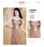 少女禮服裙吊帶金色亮片長裙